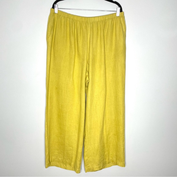 Flax Pants - Flax By Jeanne Engelhart 100% Linen Wide Leg Pull On Pants In Chartreuse Size L
